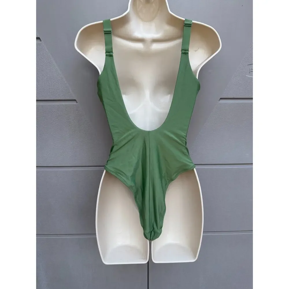 Lululemon Waterside V-Neck Cedar Green One Piece Swimsuit 8 Plunge Resort READ